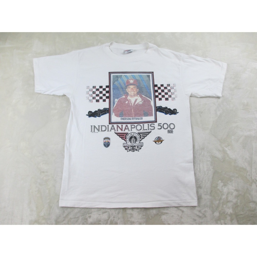 VINTAGE Emerson Fittipaldi Shirt Mens Large White Indy 500 Champion Racing*